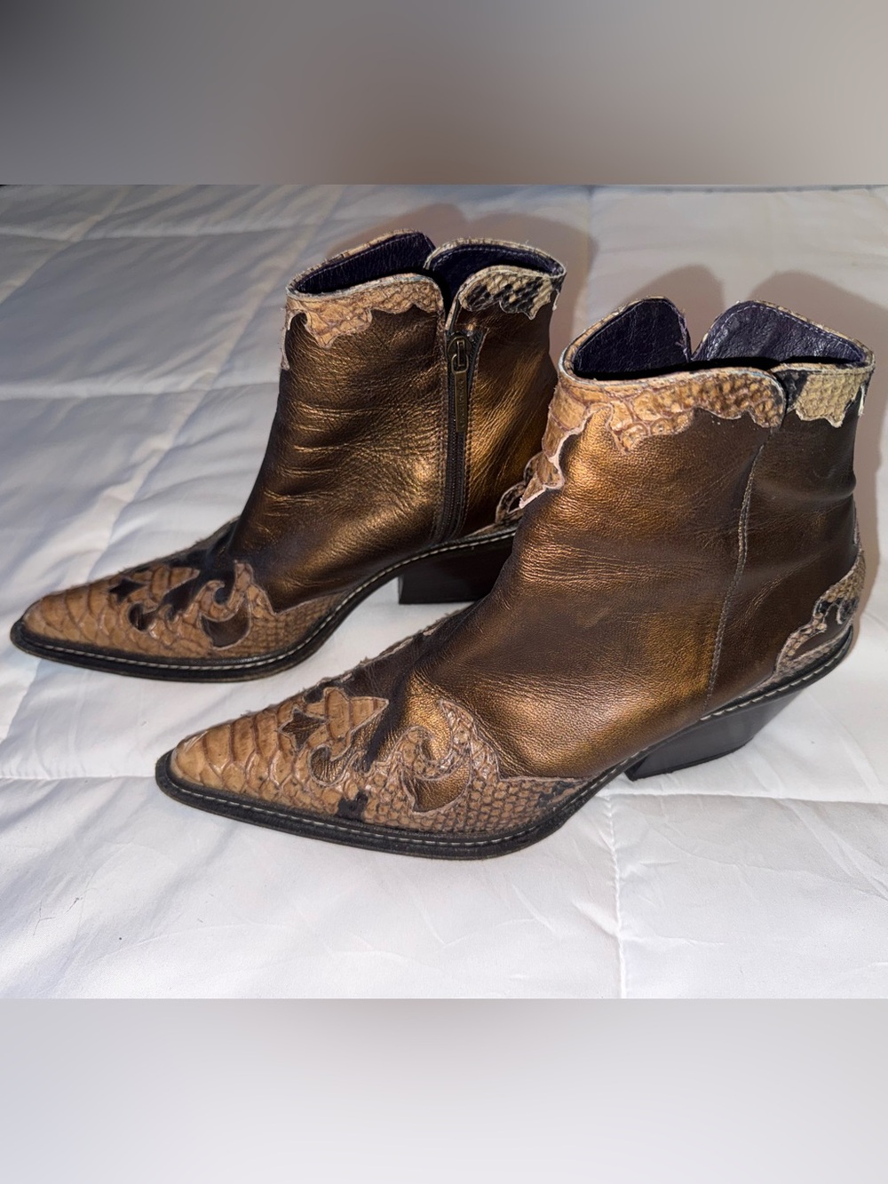 Donald J. Pliner Brown Snakeskin Textured Leather Western Ankle Boots
